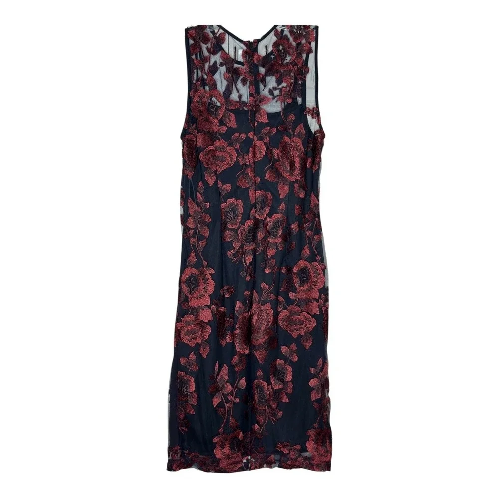 Donna Ricco Floral Embroidered Sheer Overlay Dress Sleeveless‎ Red Black  10 - Picture 2 of 6